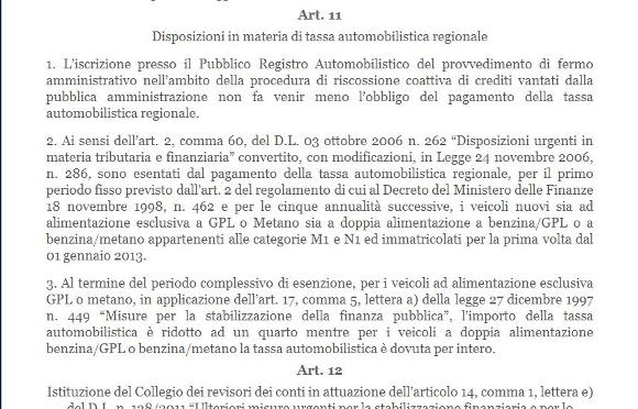 L'articolo 11 della finanziaria sull'esenzione dal pagamento del bollo auto 2013 